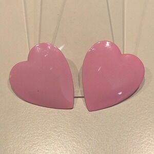 Vintage 1980's Pink Enamel Heart 1.25"Clip On Earrings Valentine's Whimsical